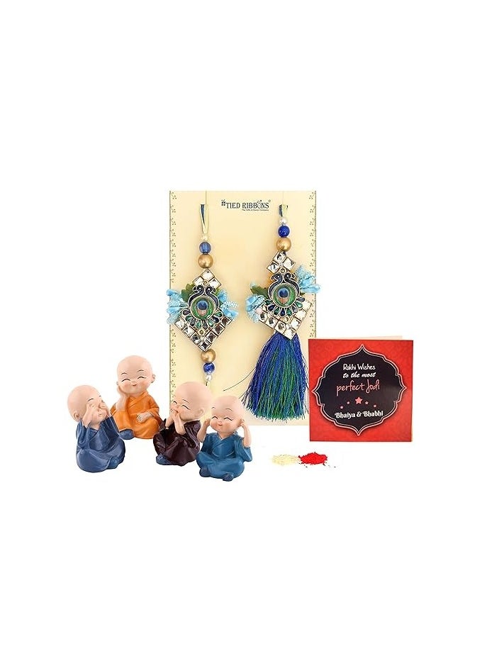 TIED RIBBONS - TIED RIBBONS Rakhi for Bhaiya Bhabhi with Gifts - Premium Bhaiya Bhabhi Rakhi with Mini Idols Statues Roli Chawal and Mini Greeting Card - Rakhi for Brother and Bhabhi with Gift - Image 1