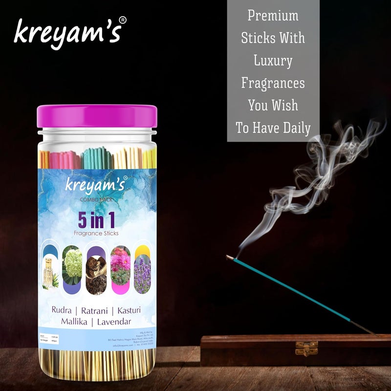 Kreyams Incense Sticks Charcoal Free Dhup Agarbatti for Pooja Gift 5 Fragrance Rudra Ratrani Kasturi Mallika Lavender 45 Stick Each Total 225 Sticks - Image 3