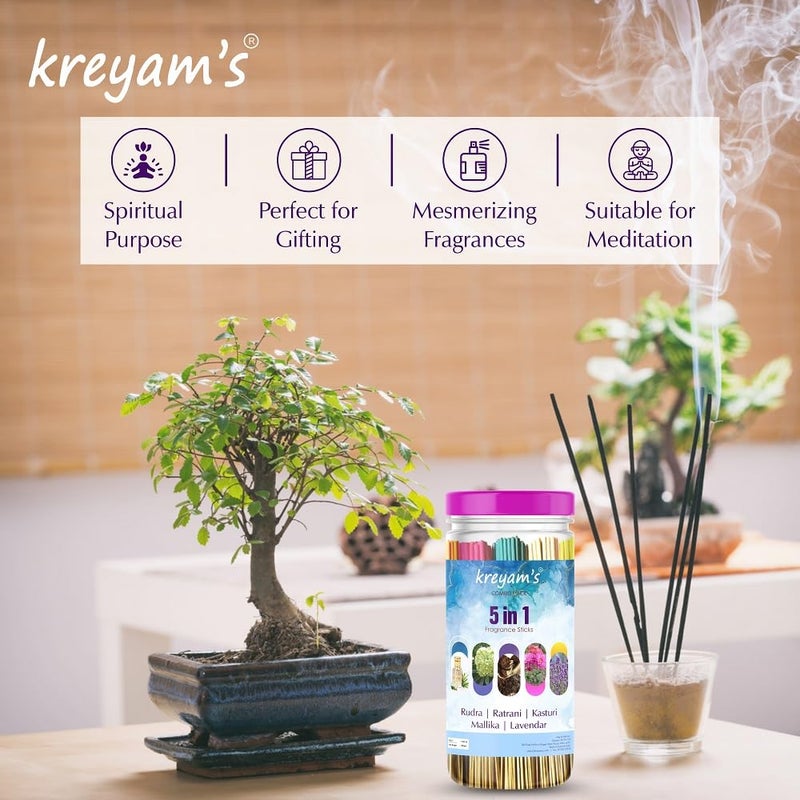 Kreyams Incense Sticks Charcoal Free Dhup Agarbatti for Pooja Gift 5 Fragrance Rudra Ratrani Kasturi Mallika Lavender 45 Stick Each Total 225 Sticks - Image 4