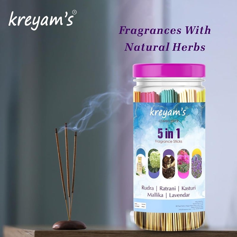Kreyams Incense Sticks Charcoal Free Dhup Agarbatti for Pooja Gift 5 Fragrance Rudra Ratrani Kasturi Mallika Lavender 45 Stick Each Total 225 Sticks - Image 2