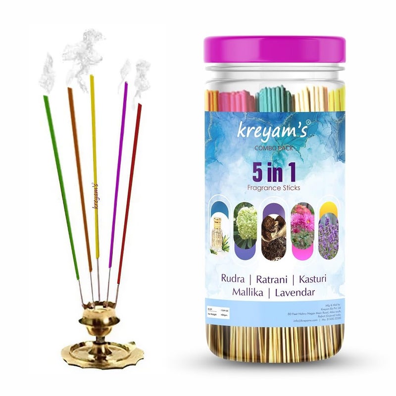 Kreyams Incense Sticks Charcoal Free Dhup Agarbatti for Pooja Gift 5 Fragrance Rudra Ratrani Kasturi Mallika Lavender 45 Stick Each Total 225 Sticks - Image 1