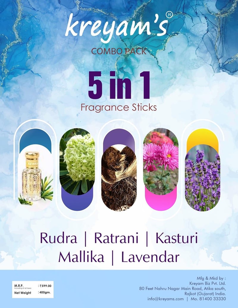 Kreyams Incense Sticks Charcoal Free Dhup Agarbatti for Pooja Gift 5 Fragrance Rudra Ratrani Kasturi Mallika Lavender 45 Stick Each Total 225 Sticks - Image 5