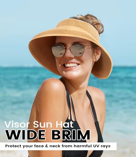 Pleneal Sun Visor Hats for Women, Wide Brim Straw Beach Ponytail Hats, UPF 50+ Summer Packable Foldable Roll up Topless Hat - Image 5