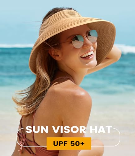 Pleneal Sun Visor Hats for Women, Wide Brim Straw Beach Ponytail Hats, UPF 50+ Summer Packable Foldable Roll up Topless Hat - Image 4