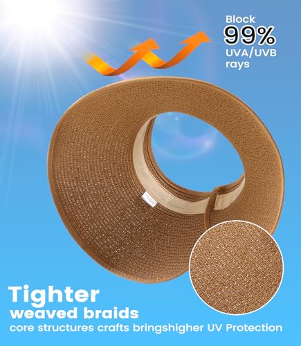 Pleneal Sun Visor Hats for Women, Wide Brim Straw Beach Ponytail Hats, UPF 50+ Summer Packable Foldable Roll up Topless Hat - Image 3