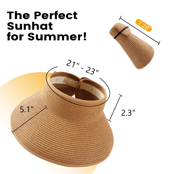 Pleneal Sun Visor Hats for Women, Wide Brim Straw Beach Ponytail Hats, UPF 50+ Summer Packable Foldable Roll up Topless Hat - Image 2