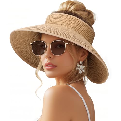 Pleneal Sun Visor Hats for Women, Wide Brim Straw Beach Ponytail Hats, UPF 50+ Summer Packable Foldable Roll up Topless Hat - Image 1