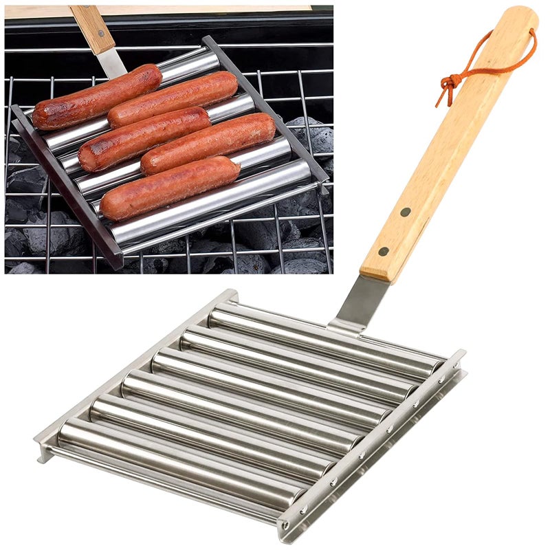 KAYCROWN Hot Dog Roller Sausage Rack with Extra Long Wood Handle BBQ Griller For Evenly Cooked Dogs 5 Capacity Silver