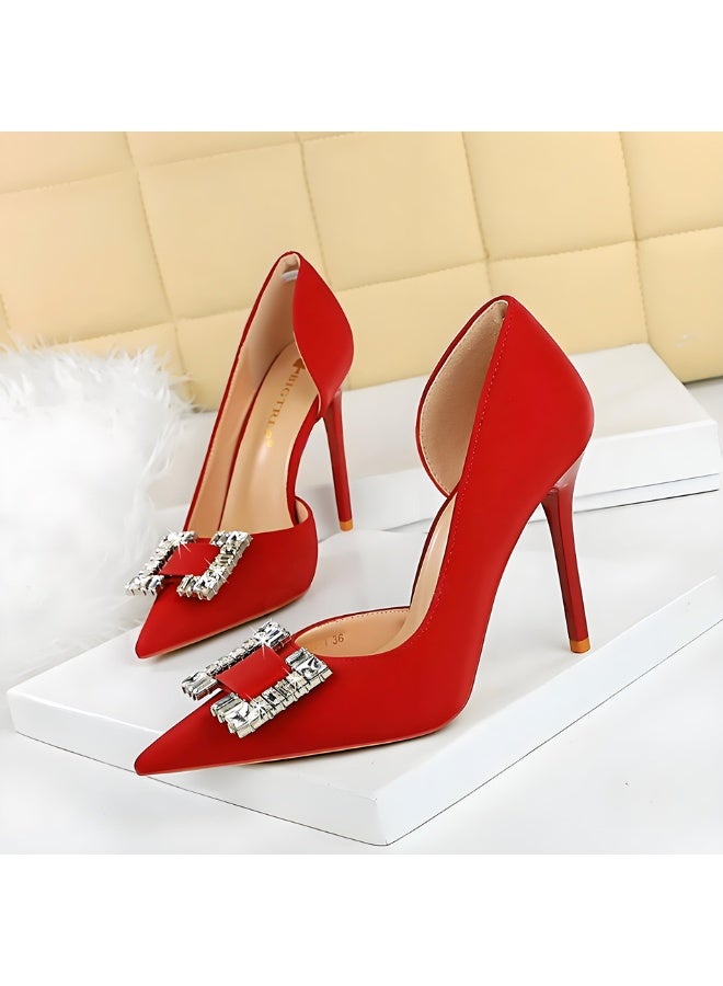 BIGTREE Women's Rhinestone Stiletto Pumps Closed Pointed Toe High Heels Party Dress Shoes Wine Red 10.5CM - Image 1