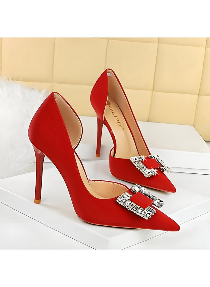 BIGTREE Women's Rhinestone Stiletto Pumps Closed Pointed Toe High Heels Party Dress Shoes Wine Red 10.5CM - Image 2