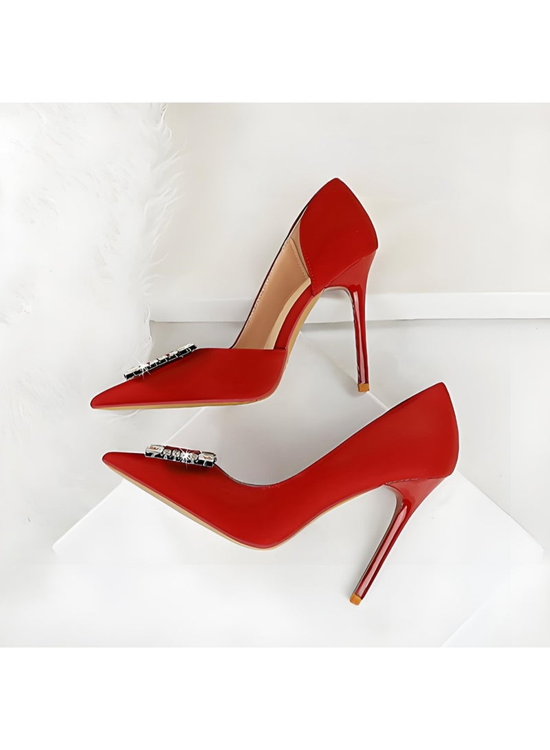 BIGTREE Women's Rhinestone Stiletto Pumps Closed Pointed Toe High Heels Party Dress Shoes Wine Red 10.5CM - Image 3