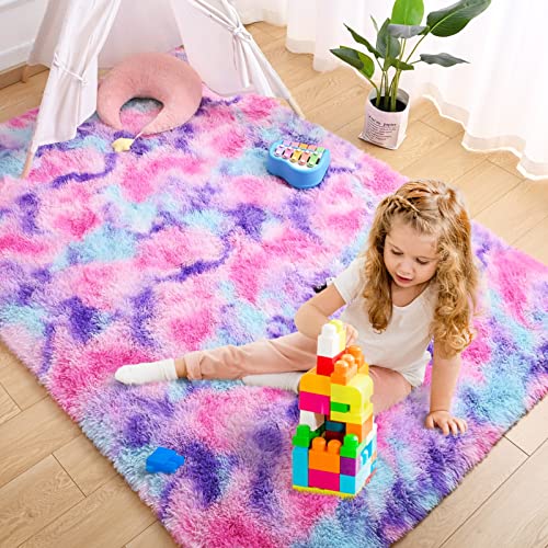 AROGAN Soft Rainbow Area Rugs for Girls Room 5x8 Feet Fluffy Girls Bedroom Rugs Princess Rug Cute Colorful Carpet for Kids Teens Nursery Toddler Hot Pink - Image 3