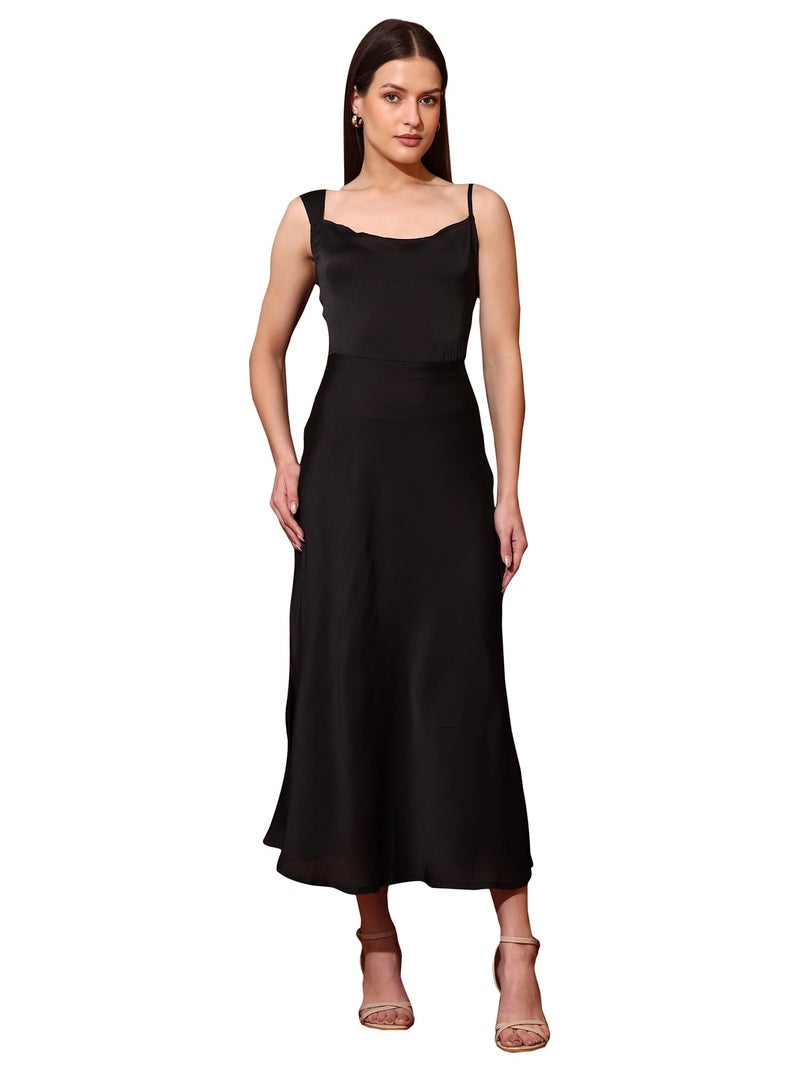 PURVAJA Women’s Cowl Neck Silk Blend Maxi Dress (Floe-115-L_Black) - Image 1