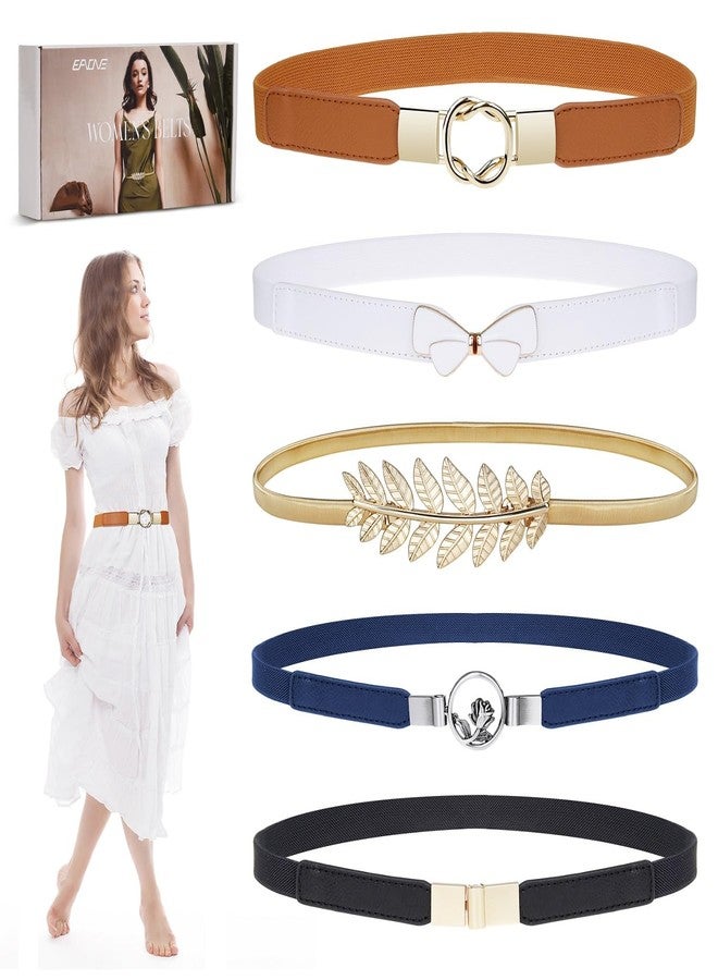 EAONE Skinny Waist Belts for Women 5 Pack, Fashion Stretchy Retro Elastic Leather Belts for Dresses - Image 1