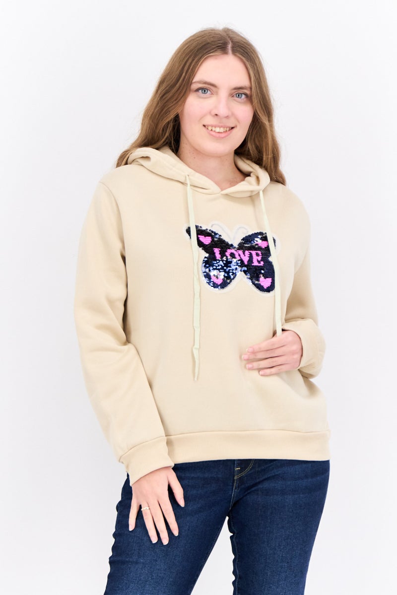 Buzz Women Hooded Fleece Textured Long Sleeves Sweatshirt, Beige Combo - Image 1