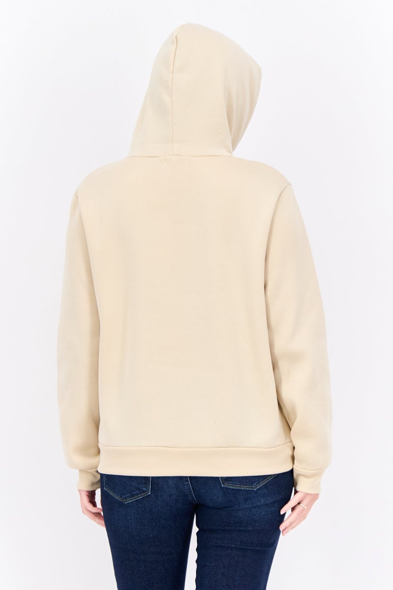 Buzz Women Hooded Fleece Textured Long Sleeves Sweatshirt, Beige Combo - Image 3