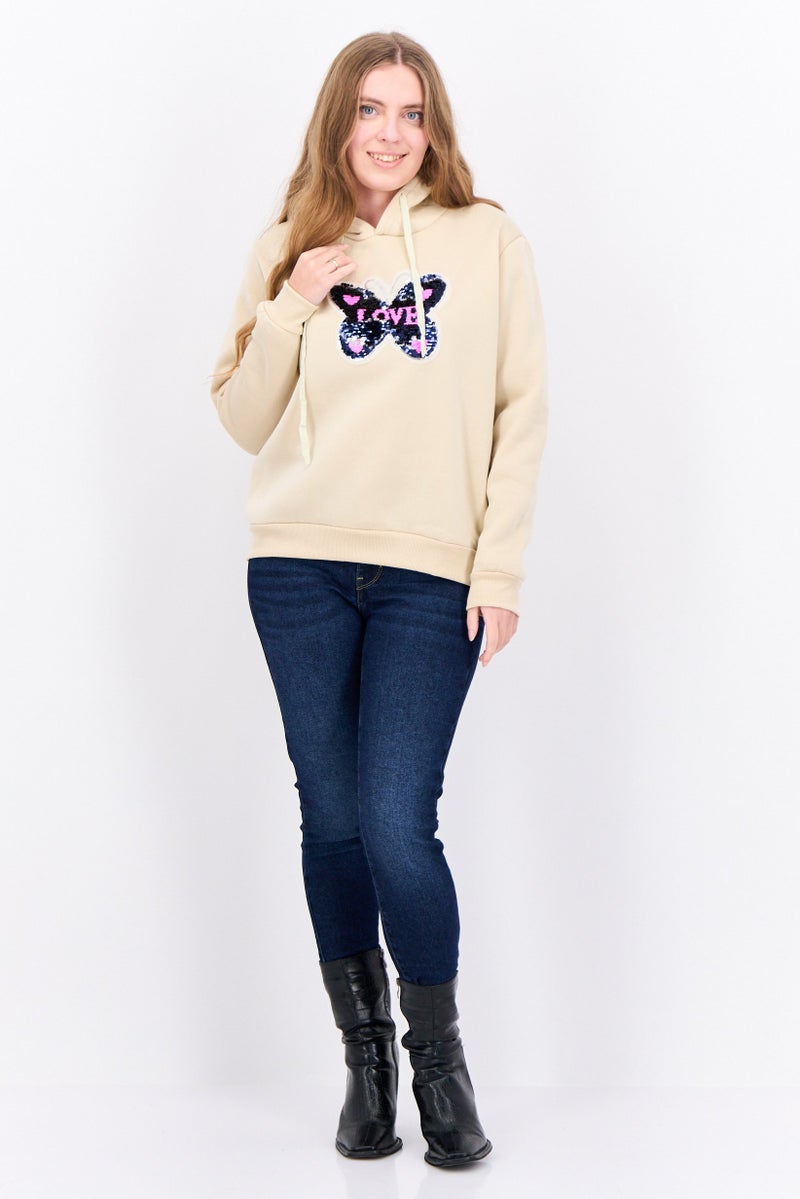 Buzz Women Hooded Fleece Textured Long Sleeves Sweatshirt, Beige Combo - Image 4