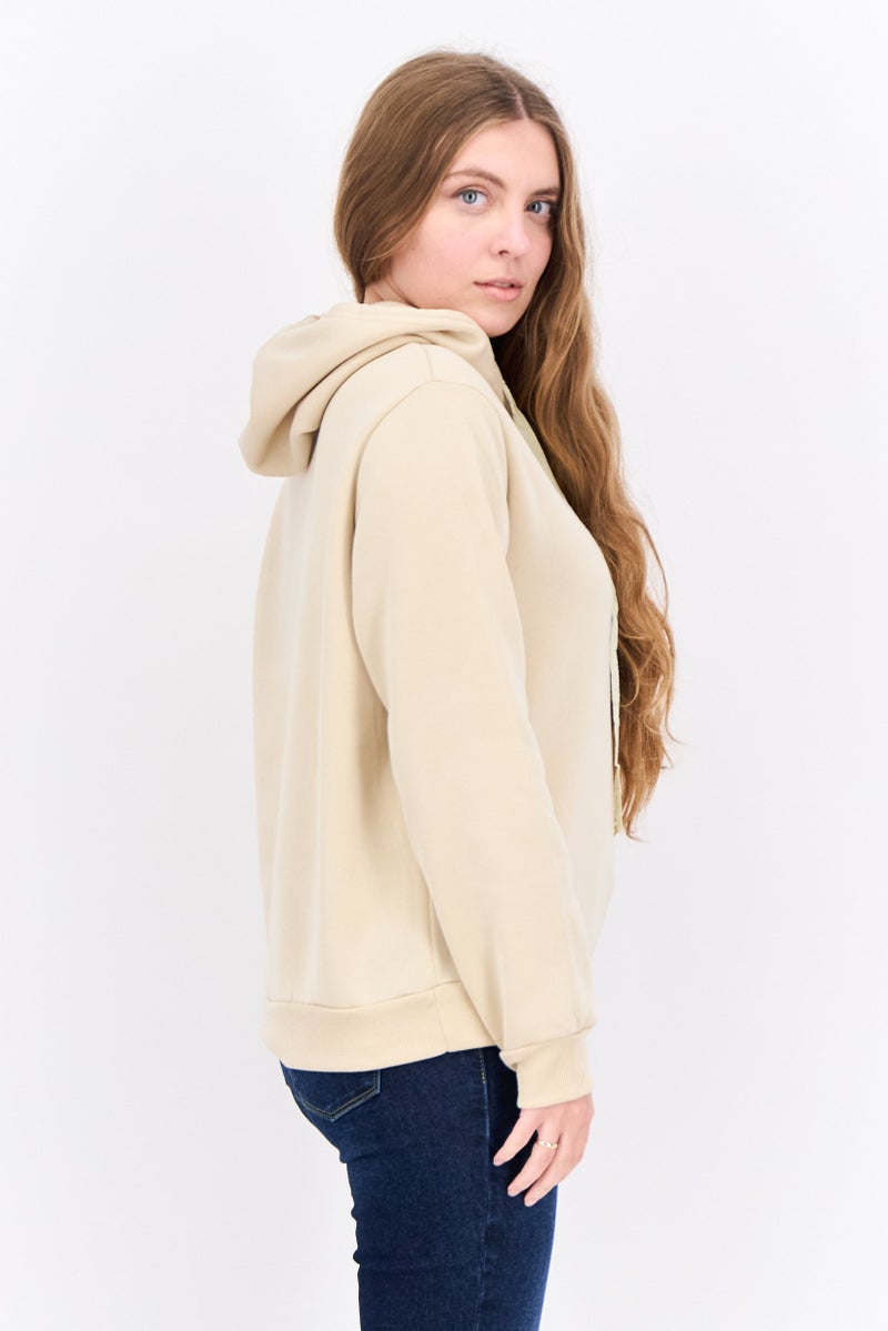 Buzz Women Hooded Fleece Textured Long Sleeves Sweatshirt, Beige Combo - Image 2
