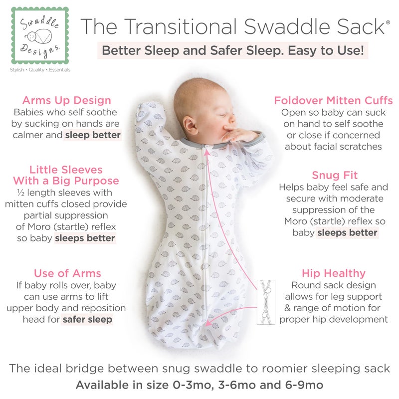 SwaddleDesigns Transitional Swaddle Sack, Arms Up Half-Length Sleeves & Mitten Cuffs, Swaddle for Newborn Transition to Baby Sleep Sack Wearable Blanket, Medium, 3-6 month, 14-21 lb, Tiny Hedgehogs - Image 3