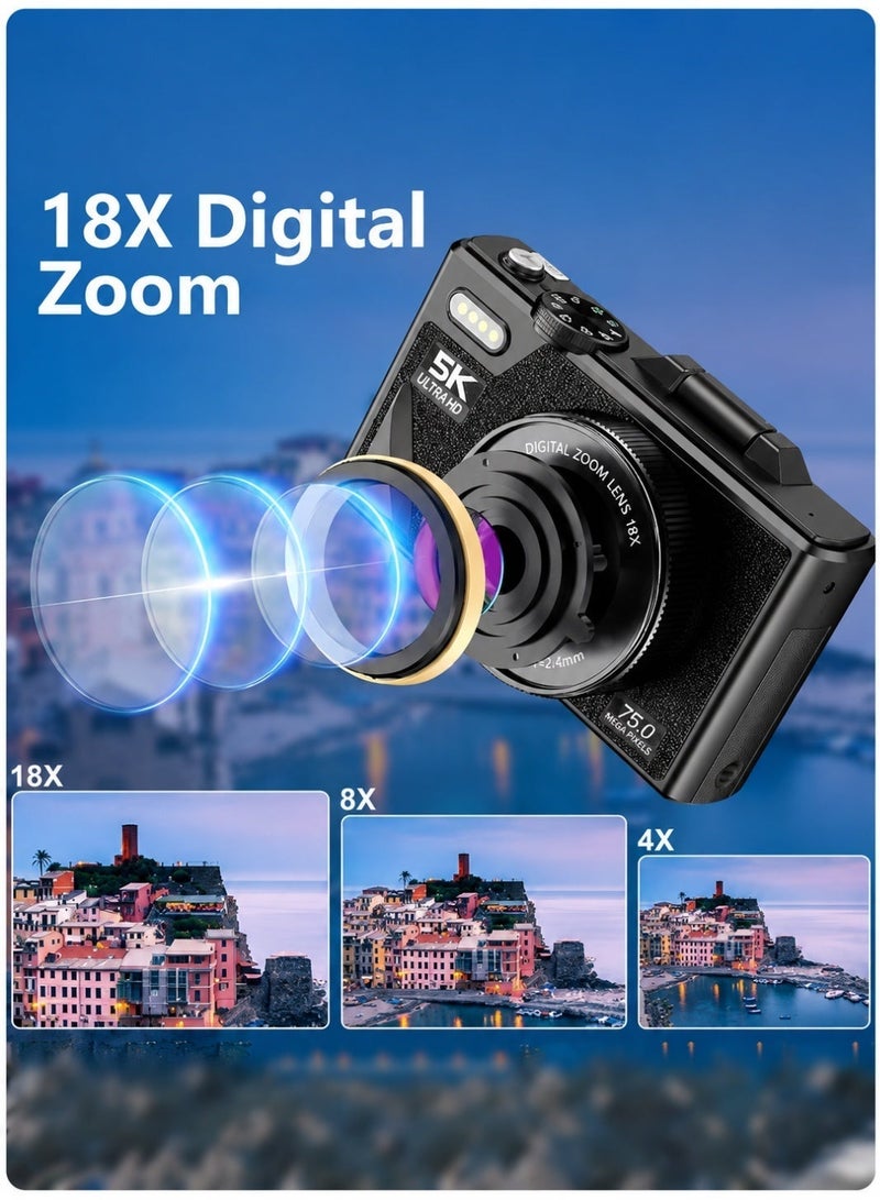 Milatech Original 5K 75MP Digital Vlogging Camera | Not a Replica | TikTok Viral Trending in Saudi Arabia | 64GB TF Card,18X Zoom - Image 5