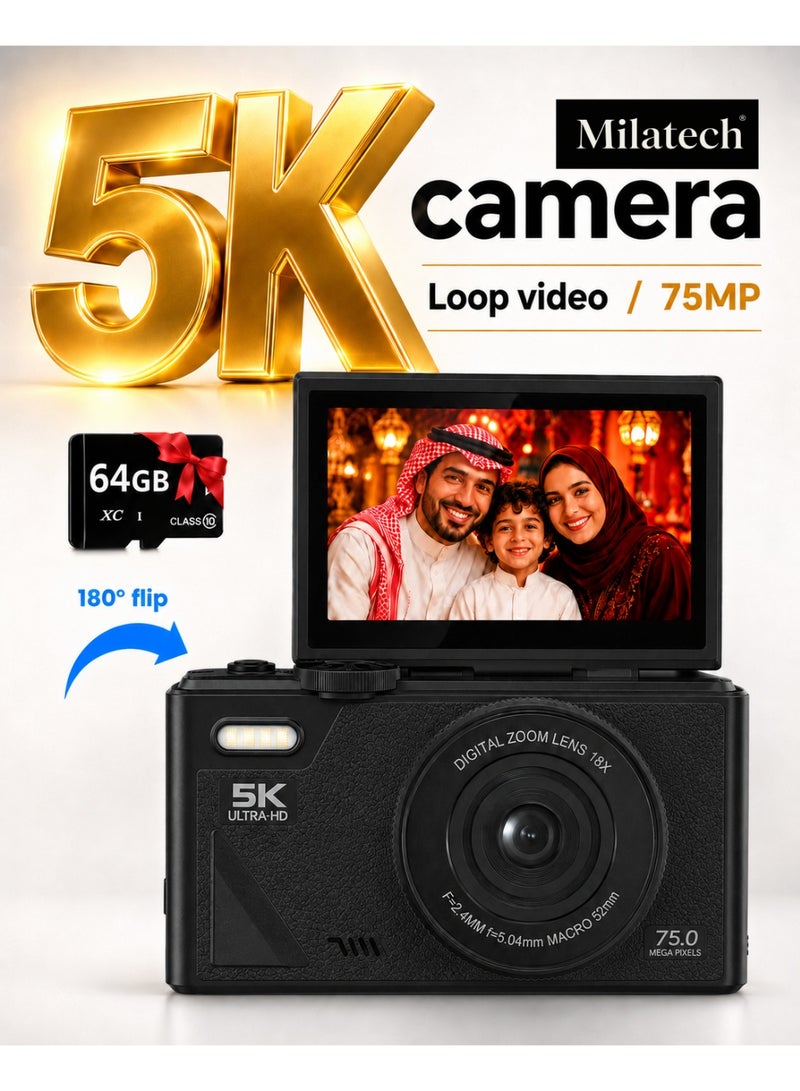 Milatech Original 5K 75MP Digital Vlogging Camera | Not a Replica | TikTok Viral Trending in Saudi Arabia | 64GB TF Card,18X Zoom - Image 1