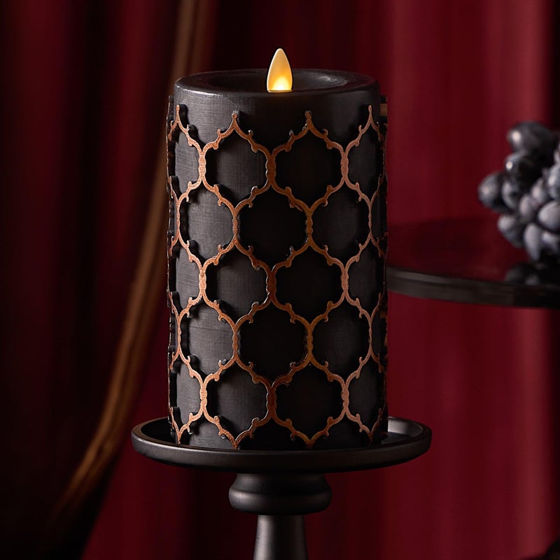 Luminara Black Embossed Fretwork 35 x 65 Pillar AA Battery Operated wTimer Function Flickering Flameless LED Light Real Wax Candle for Indoor Home Decoration for Dining Room Table Centerpiece - Image 2