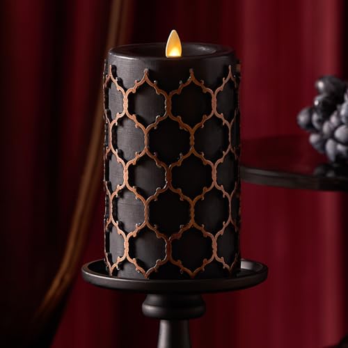 Luminara Black Embossed Fretwork 35 x 65 Pillar AA Battery Operated wTimer Function Flickering Flameless LED Light Real Wax Candle for Indoor Home Decoration for Dining Room Table Centerpiece - Image 1