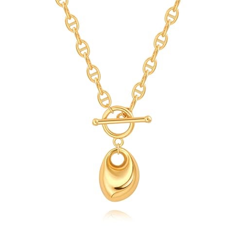 PEARLADA Statement 18k Gold Teardrop Necklace, Pebble Pendant Mariner Chain Necklace with Trendy Toggle Clasp - Image 1