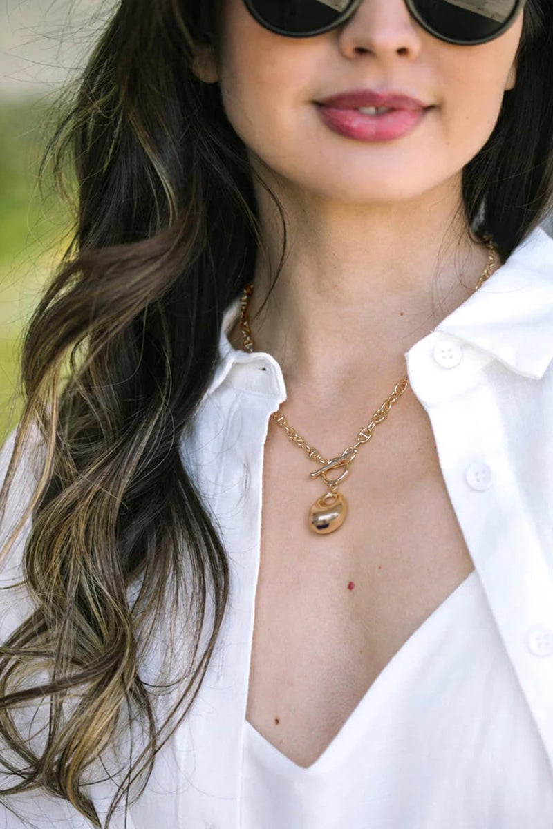 PEARLADA Statement 18k Gold Teardrop Necklace, Pebble Pendant Mariner Chain Necklace with Trendy Toggle Clasp - Image 2