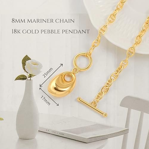 PEARLADA Statement 18k Gold Teardrop Necklace, Pebble Pendant Mariner Chain Necklace with Trendy Toggle Clasp - Image 4