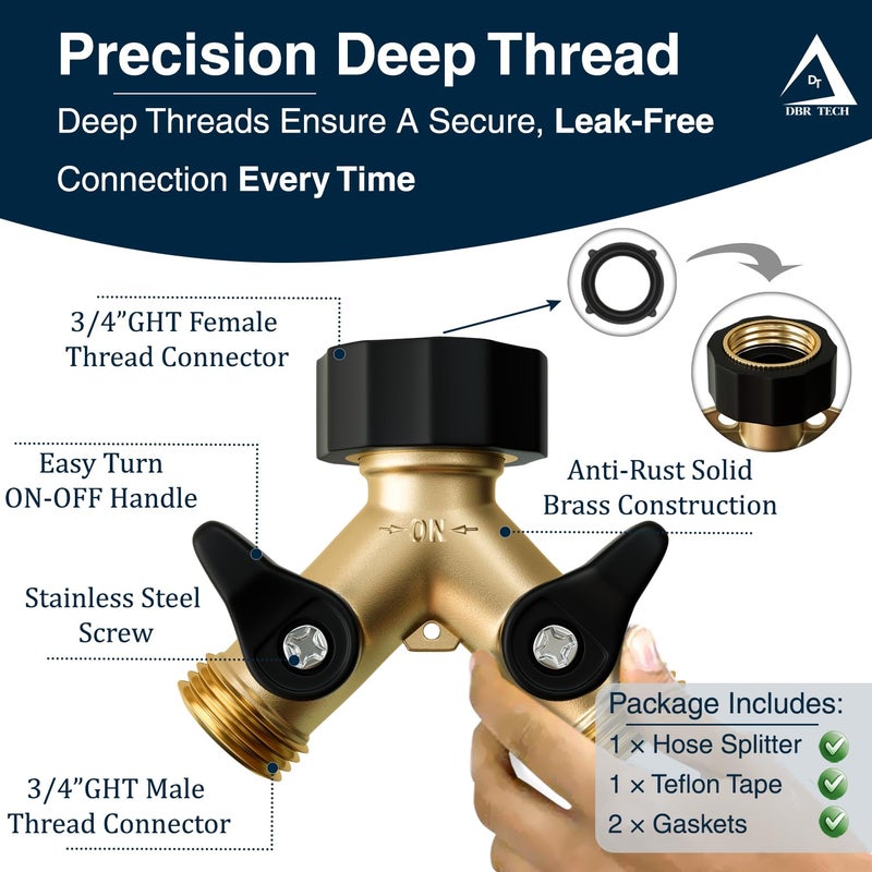 DBR TechÂ® Heavy Duty 2 Way Hose Splitter (Premium Brass for Superior Durability), Wye Garden Hoses Connector for Water Spigot Faucet Bib Tap, Double Shut Off Valve, Y Adapter, Rust-Resistant Finish - Image 5