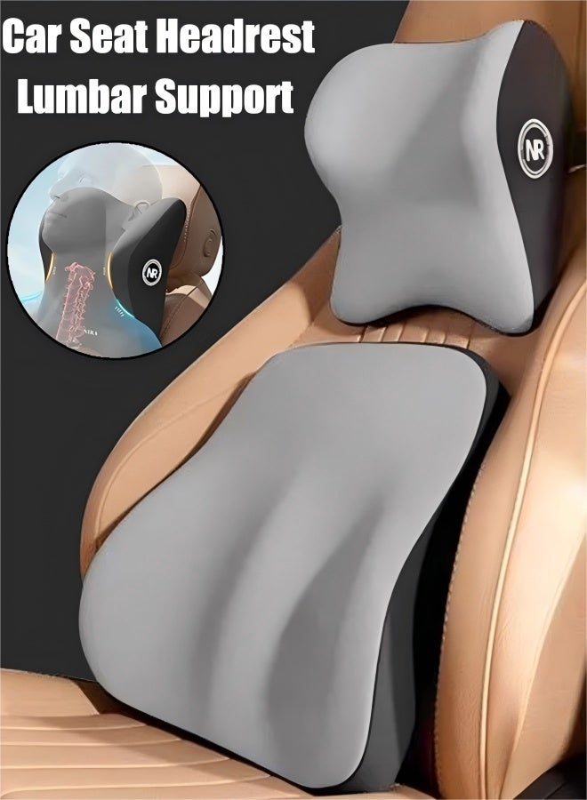 Car Headrest & Lumbar Support Cushion, Car Lumbar Support Pillow and Neck Pillow Kit, Ergonomic Seat Headrest and Backseat for Neck Back Pain Relief (Grey) - Image 1