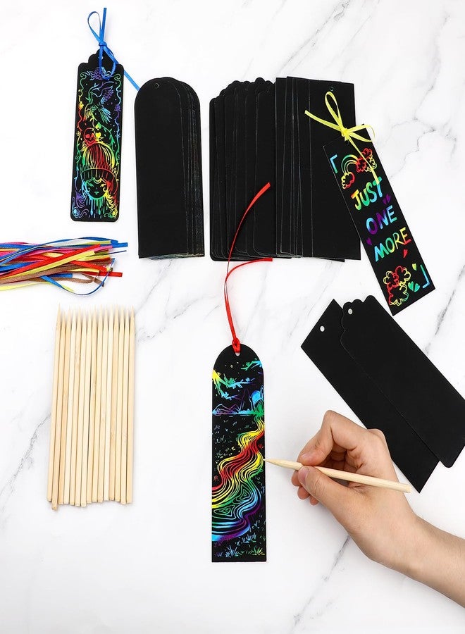 Dimeho Scratch Bookmarks, 48 Set Scratch Paper Art Bookmarks Craft Kits Party Favors Rainbow DIY Bookmark Hanging Gifts Tag with Scratching Tools Ribbon for Students Classroom Activities(3 Style) - Image 4
