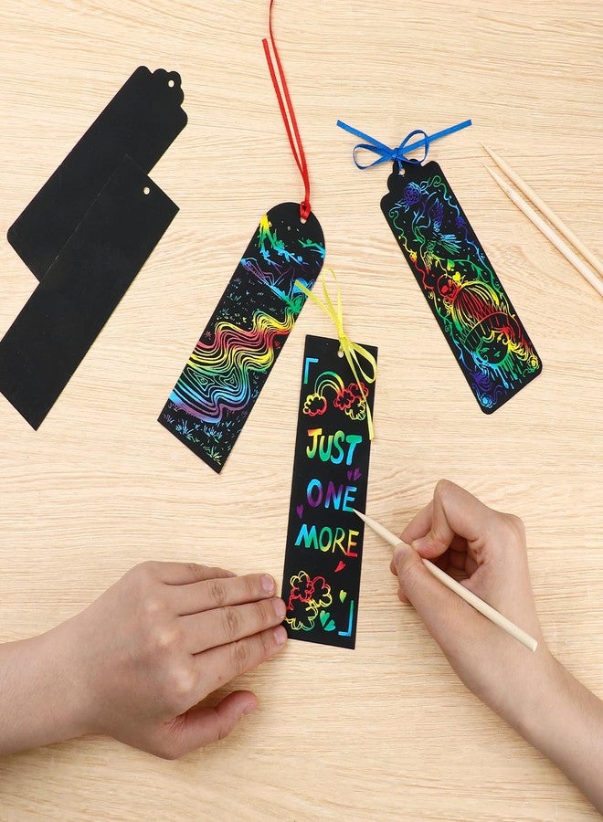 Dimeho Scratch Bookmarks, 48 Set Scratch Paper Art Bookmarks Craft Kits Party Favors Rainbow DIY Bookmark Hanging Gifts Tag with Scratching Tools Ribbon for Students Classroom Activities(3 Style) - Image 5