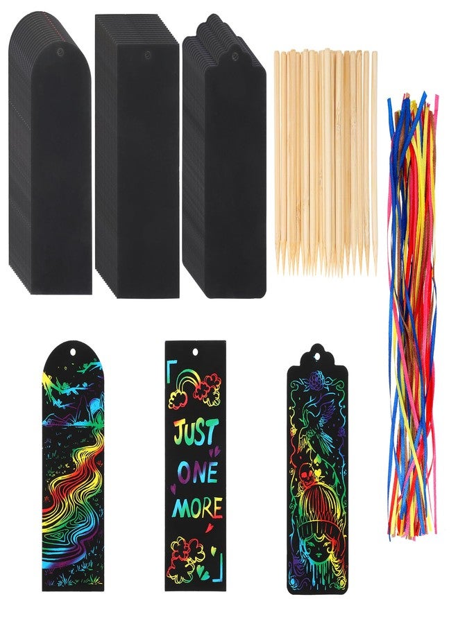 Dimeho Scratch Bookmarks, 48 Set Scratch Paper Art Bookmarks Craft Kits Party Favors Rainbow DIY Bookmark Hanging Gifts Tag with Scratching Tools Ribbon for Students Classroom Activities(3 Style) - Image 1