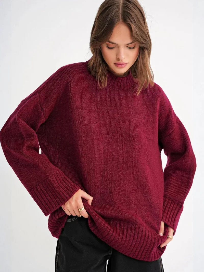 Mixray Burgundy Red Mixray Oversized Ribbed Knit Sweater with Crew Neck for Women | Best Price UAE