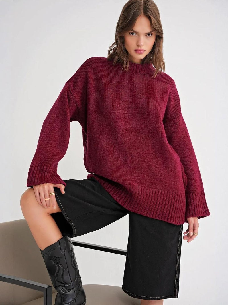 Mixray Oversized Ribbed Knit Sweater with Crew Neck - Image 1