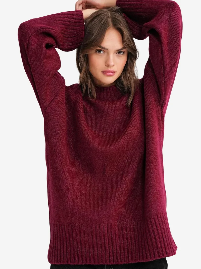 Mixray Burgundy Red Mixray Oversized Ribbed Knit Sweater with Crew Neck for Women | Best Price UAE