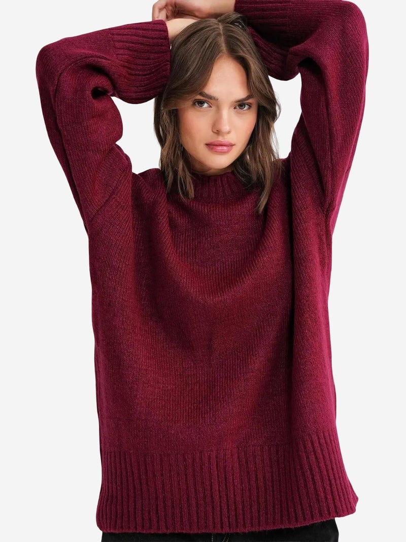 Mixray Oversized Ribbed Knit Sweater with Crew Neck - Image 3