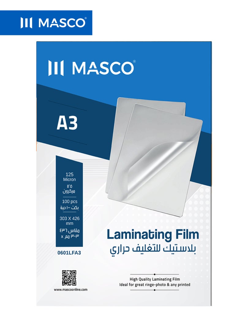 MASCO A3 Laminating Film 125 Micron, Thermal Lamination Sheets, 100 Pieces - Image 1