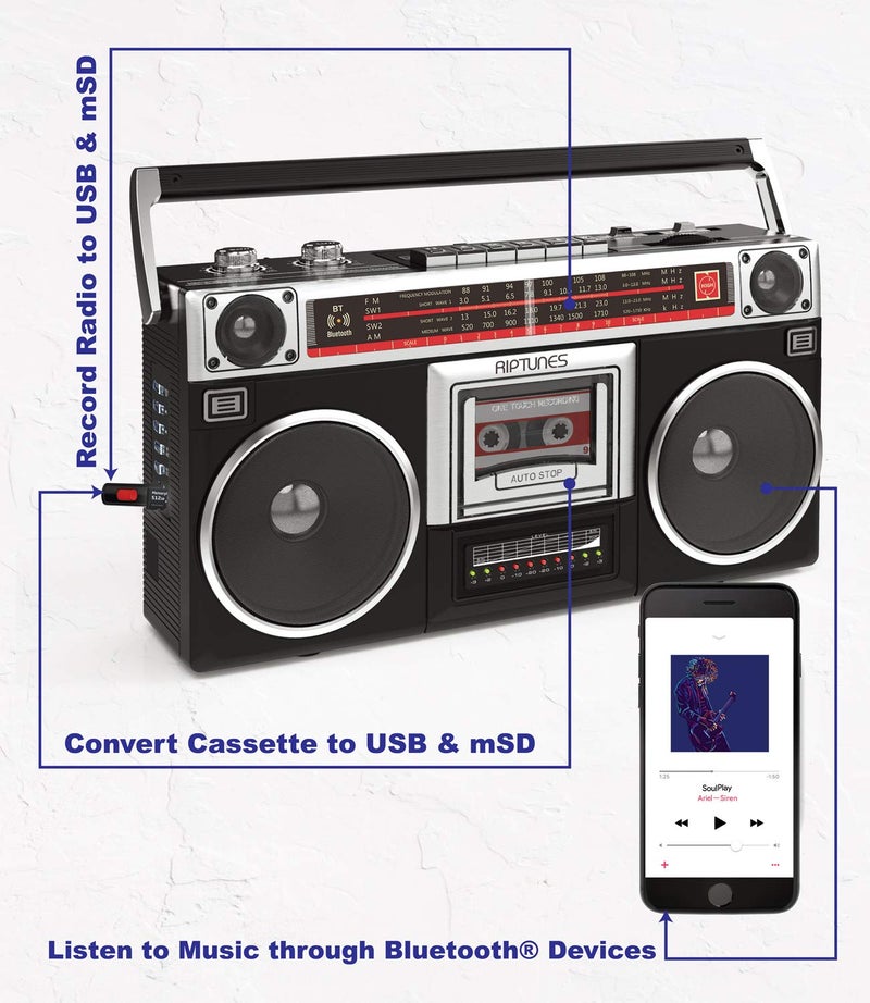 Riptunes Boombox Radio Cassette Player Recorder, AM/FM -SW1/SW2 Radio, Wireless Streaming, USB/Micro SD Slots, Aux in, Headphone Jack, Classic 80s Style Retro, Black - Image 4