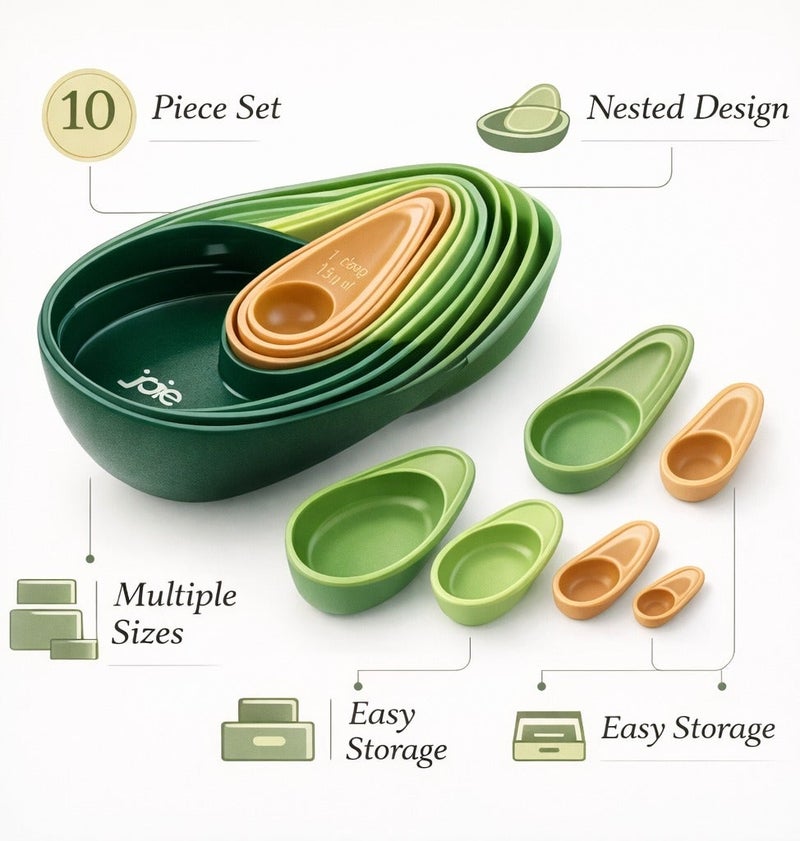 جوا طقم أكواب وملاعق قياس أفوكادو من جوي 10 قطع تصميم متداخل مع وعاء تخزين أدوات قياس مطبخ بلاستيك خالي من BPA لقياس دقيق للطبخ والخبز وتحضير الطعام - Image 3