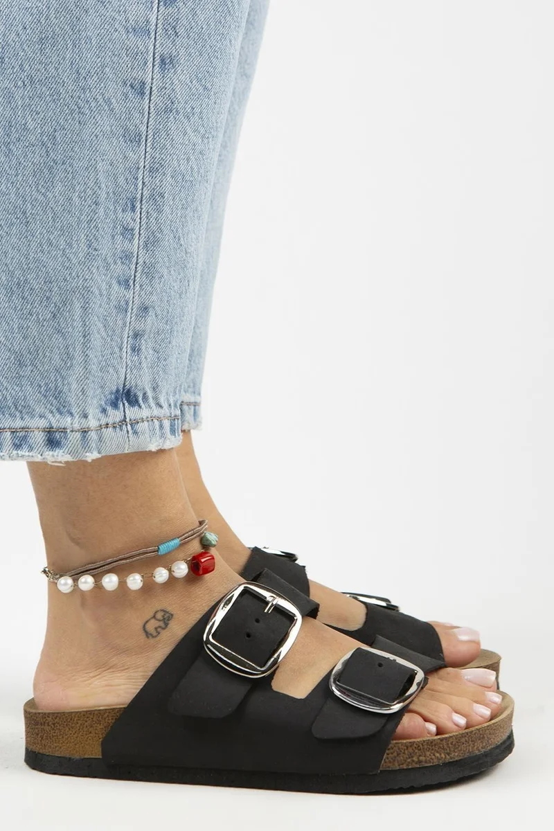 Manijero Manijero Irene Vintage Women's Genuine Leather Double Buckle Black Silver Slippers