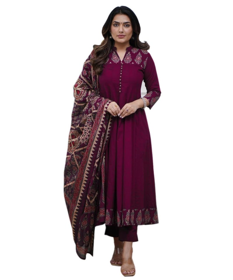GoSriKi Women's Rayon Viscose Anarkali Printed Kurta Pant with Dupatta (CHAMI Wine-GS_XXL_Wine_XX-Large) - Image 1