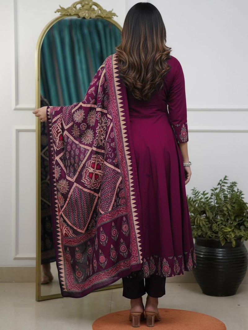 GoSriKi Women's Rayon Viscose Anarkali Printed Kurta Pant with Dupatta (CHAMI Wine-GS_XXL_Wine_XX-Large) - Image 2