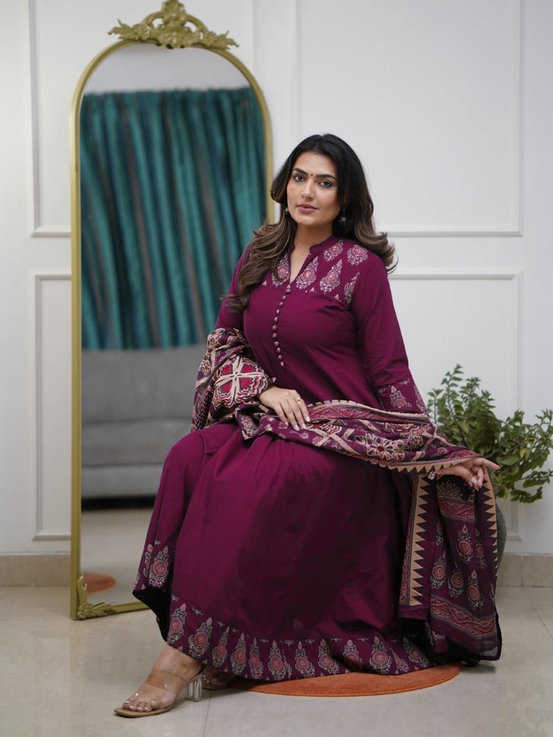 GoSriKi Women's Rayon Viscose Anarkali Printed Kurta Pant with Dupatta (CHAMI Wine-GS_XXL_Wine_XX-Large) - Image 4