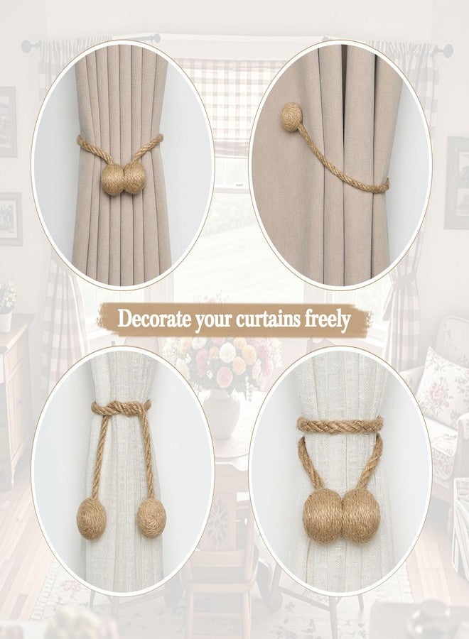 NICEEC 2 Pack Natural Jute Rope Magnetic Curtain Tiebacks Farmhouse Rustic Style Decorative Drape Tie Backs Elegant Handmade Braided Curtain Holdbacks for Home & Office Drapery (Ball-B) - Image 5