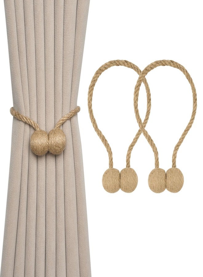 NICEEC 2 Pack Natural Jute Rope Magnetic Curtain Tiebacks Farmhouse Rustic Style Decorative Drape Tie Backs Elegant Handmade Braided Curtain Holdbacks for Home & Office Drapery (Ball-B) - Image 1