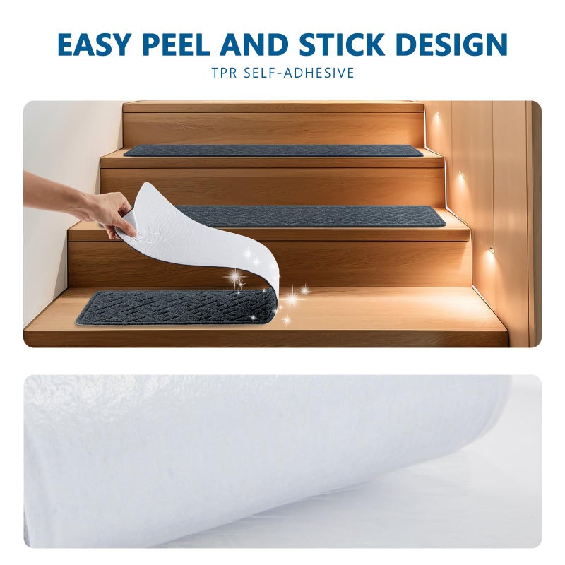 KOOTETA Stair Treads for Wooden Steps Indoor, 15 Pack 8" X 30" Non Slip Carpet Stair Treads with Reusable Adhesive for Kids Elders and Dogs, Surface Polyester TPR Backing Stair Rugs - Image 5