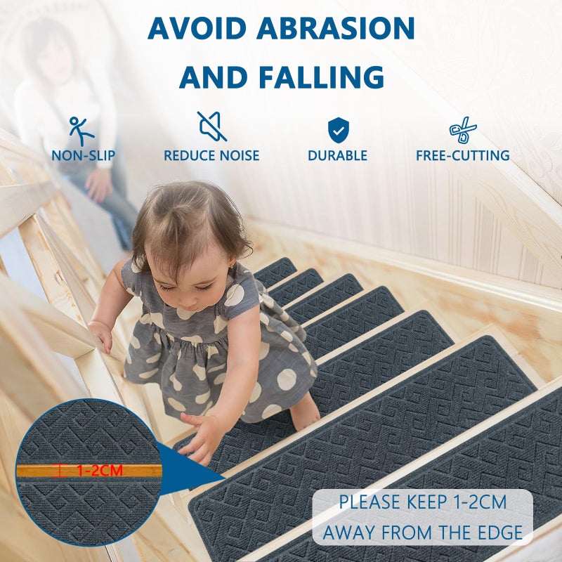 KOOTETA Stair Treads for Wooden Steps Indoor, 15 Pack 8" X 30" Non Slip Carpet Stair Treads with Reusable Adhesive for Kids Elders and Dogs, Surface Polyester TPR Backing Stair Rugs - Image 3